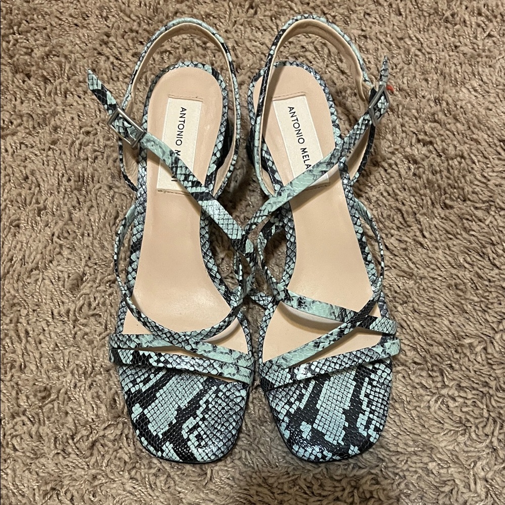 ANTONIO MELANI Snakeskin Strappy Heels - Black and Blue